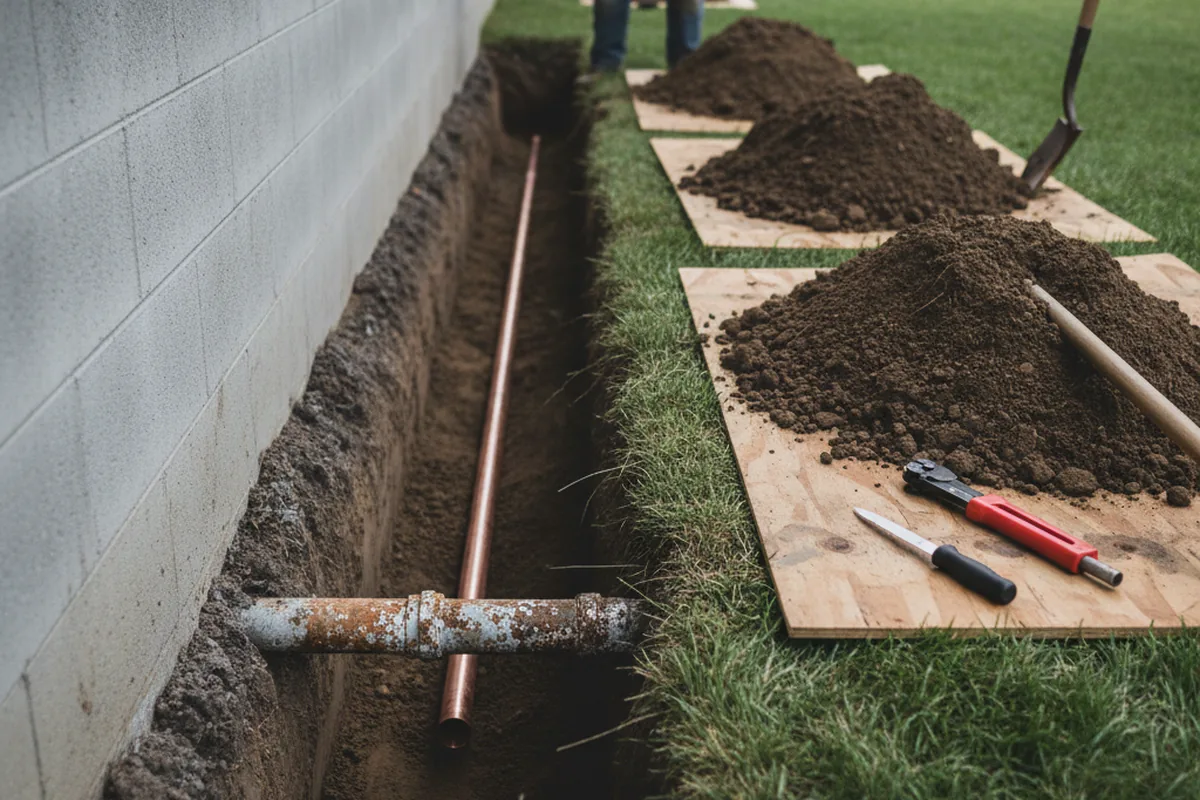 Excavated water line trench during Sewer Line Repair in Awendaw